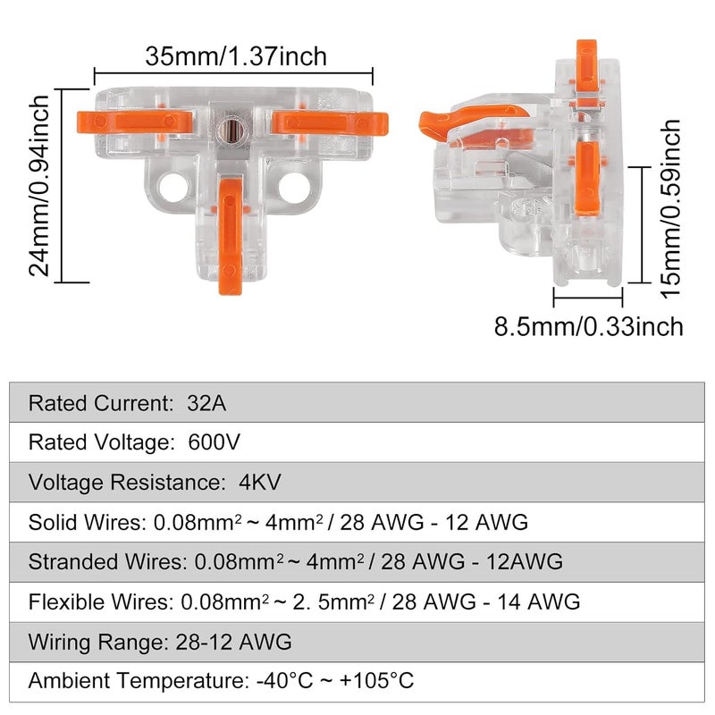 Meimom 30PCS Upgraded Compact Wire Conductor Connector, T-Shape Lever Nut Wire Connector, Quick Splitter 3 Way Electrical Connectors, AWG 28-12 Lever connectors for Wiring - Image 4